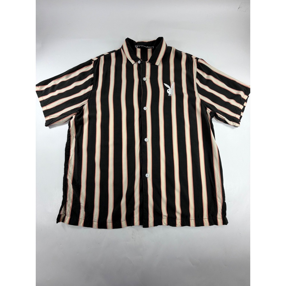 Playboy by PacSun Mens Striped Short Sleeve Button Down Shirt Black Pink Medium